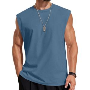 COOFANDY Mens Sleeveless Shirts 100% Cotton Workout Tank Tops Cut Off Shirts Gym Muscle Loose Fit Tee(Grey Blue)