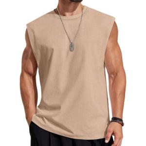 COOFANDY Mens Sleeveless Shirts 100% Cotton Workout Tank Tops Cut Off Shirts Gym Muscle Loose Fit Tee(Khaki)
