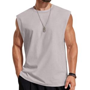 COOFANDY Mens Sleeveless Shirts 100% Cotton Workout Tank Tops Cut Off Shirts Gym Muscle Loose Fit Tee(Light Grey)