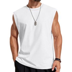 COOFANDY Mens Sleeveless Shirts 100% Cotton Workout Tank Tops Cut Off Shirts Gym Muscle Loose Fit Tee(Pearl White)