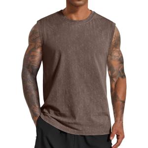 COOFANDY Men’s Sleeveless Shirts Cotton Workout Tank Tops Muscle Cut Off Shirt Summer Beach Casual Oversized Washed Tee(Brown)