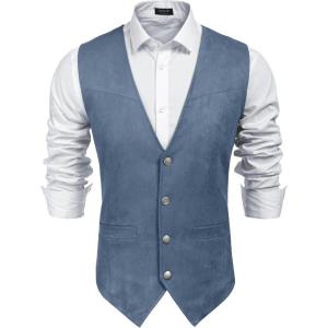 COOFANDY Men’s Suede Leather Vest Cowboy Western Waistcoat Casual Slim Fit Suit Vest(Navy Blue)