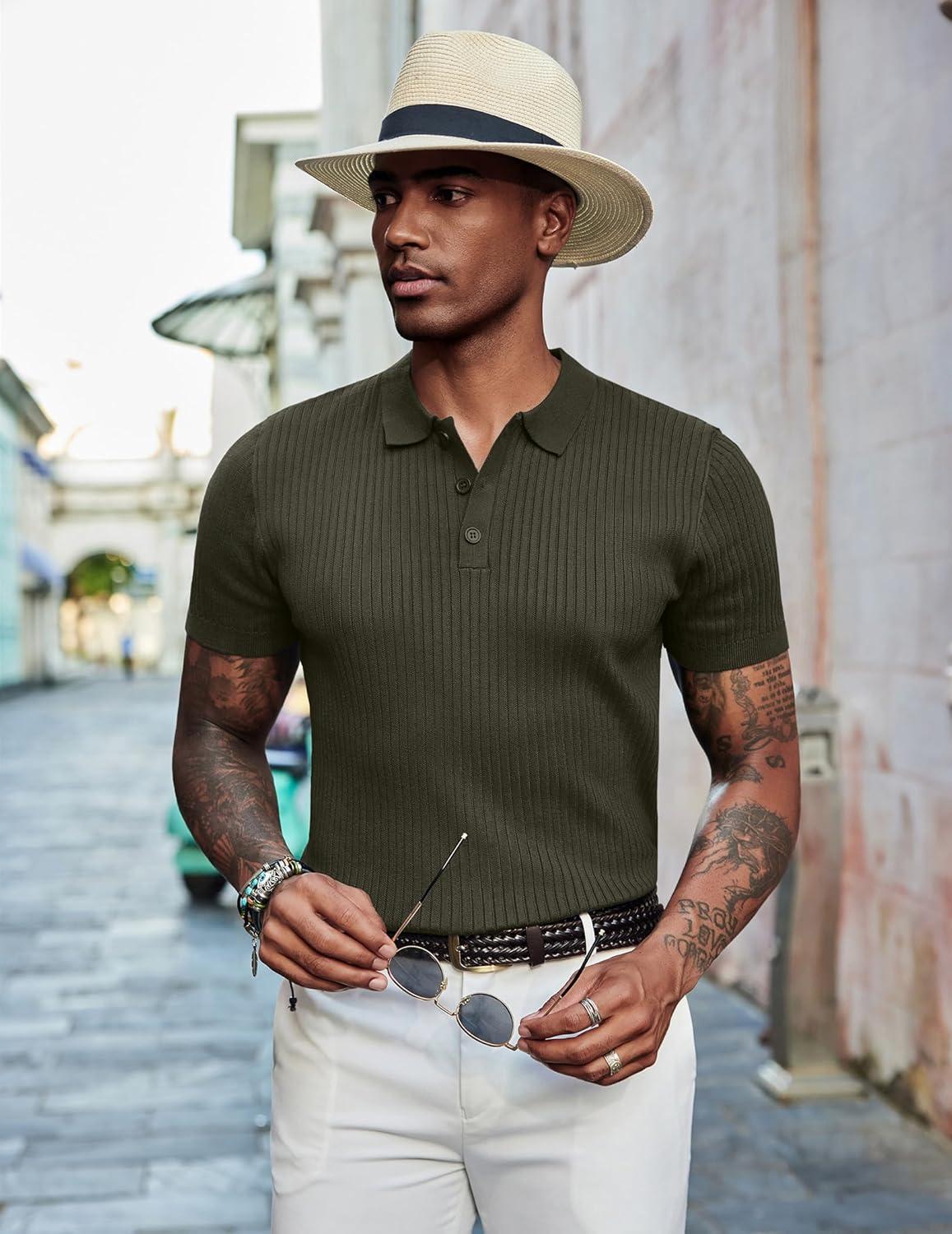 imageCOOFANDY Mens Knit Polo Shirts Short Sleeve Casual Textured Polo T Shirt Summer Ribbed Collared Golf ShirtsArmy Green