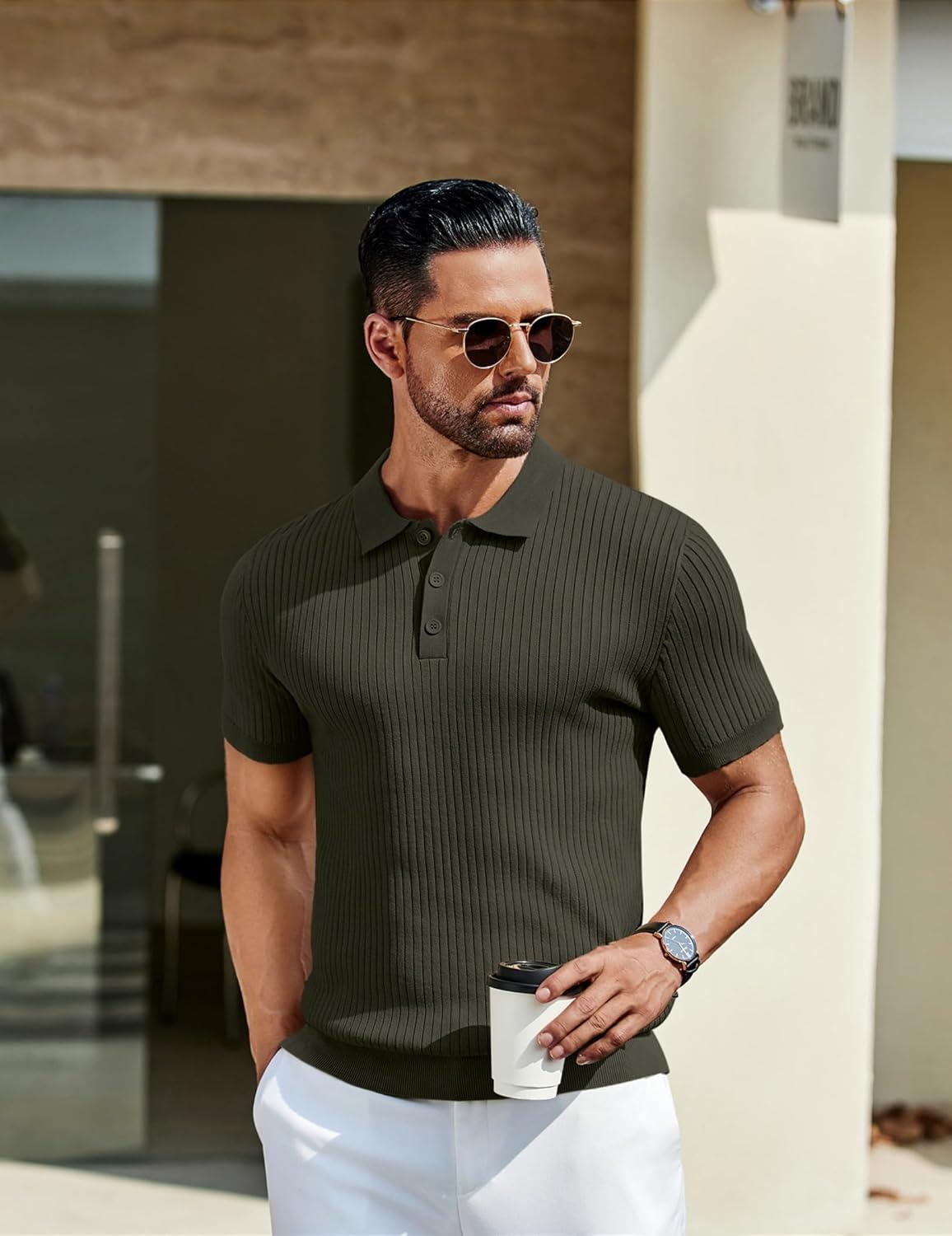 imageCOOFANDY Mens Knit Polo Shirts Short Sleeve Casual Textured Polo T Shirt Summer Ribbed Collared Golf ShirtsArmy Green
