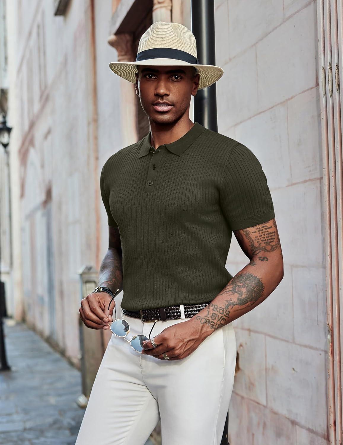 imageCOOFANDY Mens Knit Polo Shirts Short Sleeve Casual Textured Polo T Shirt Summer Ribbed Collared Golf ShirtsArmy Green