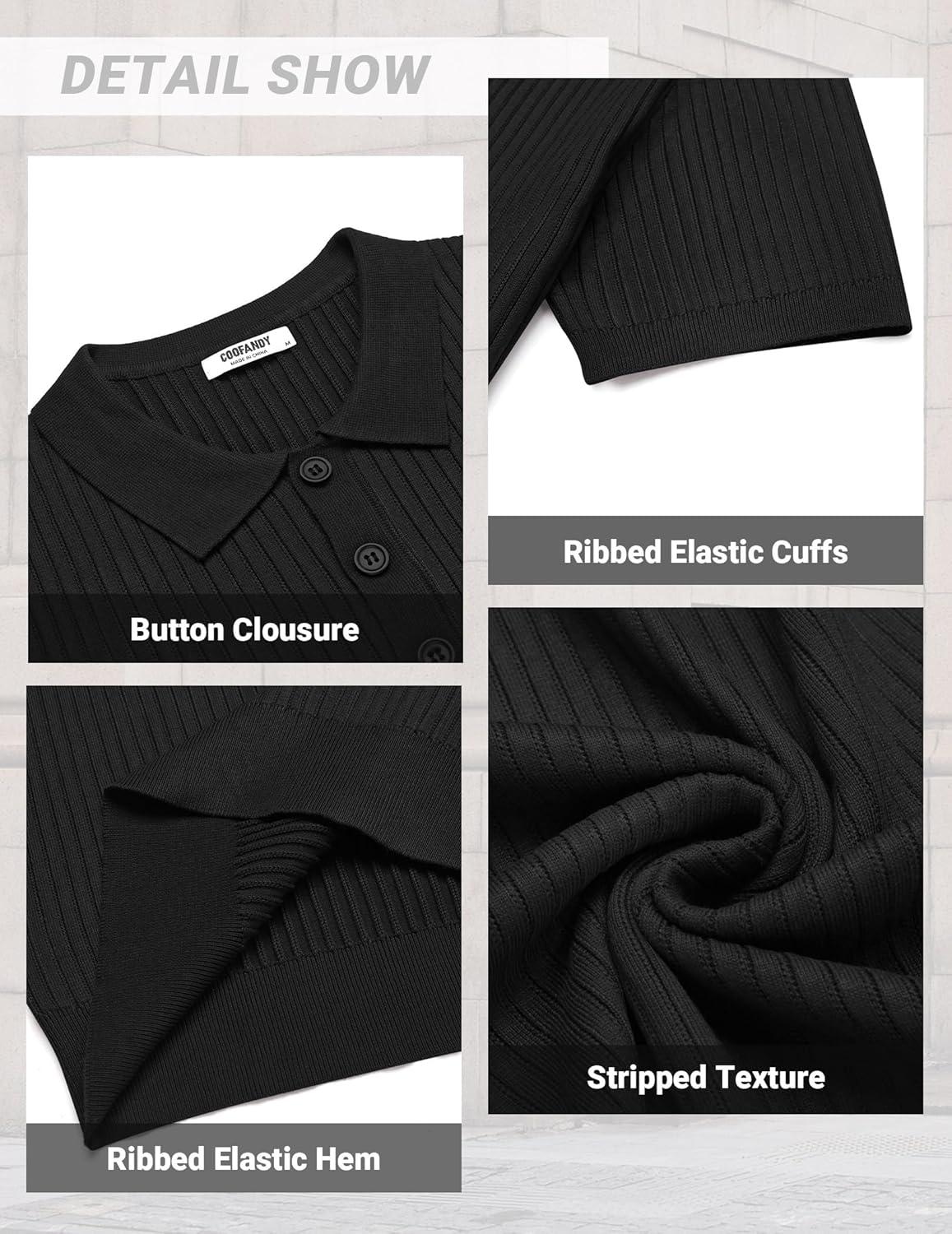 imageCOOFANDY Mens Knit Polo Shirts Short Sleeve Casual Textured Polo T Shirt Summer Ribbed Collared Golf ShirtsBlack