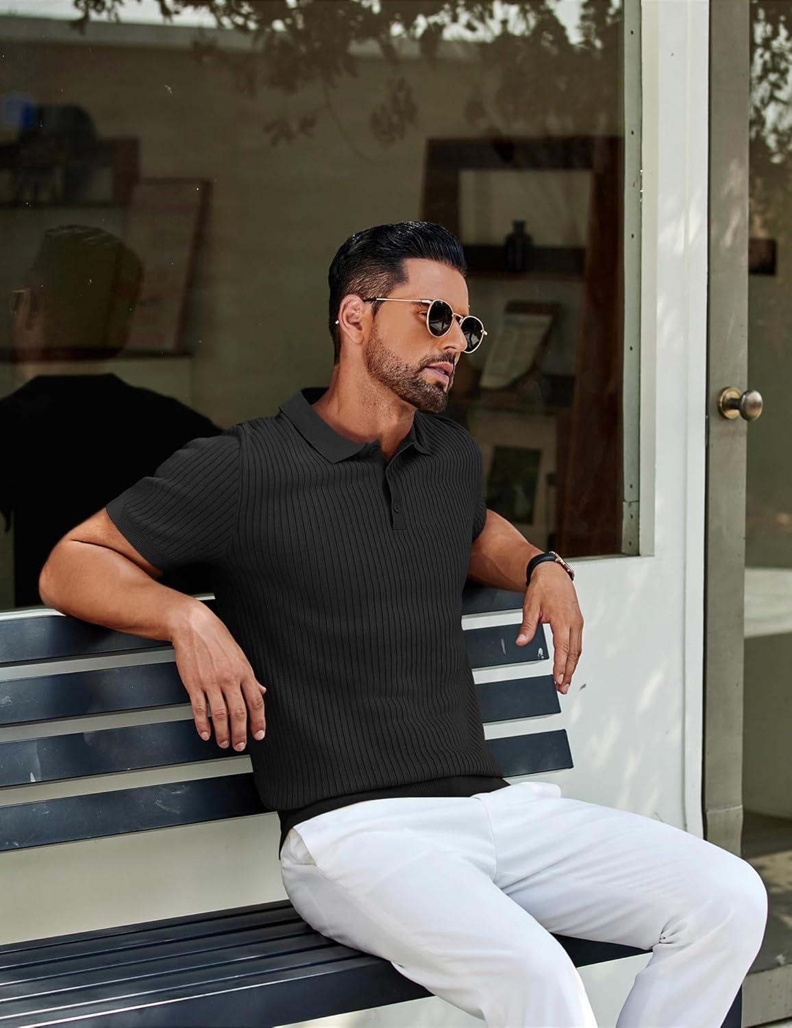 imageCOOFANDY Mens Knit Polo Shirts Short Sleeve Casual Textured Polo T Shirt Summer Ribbed Collared Golf ShirtsBlack