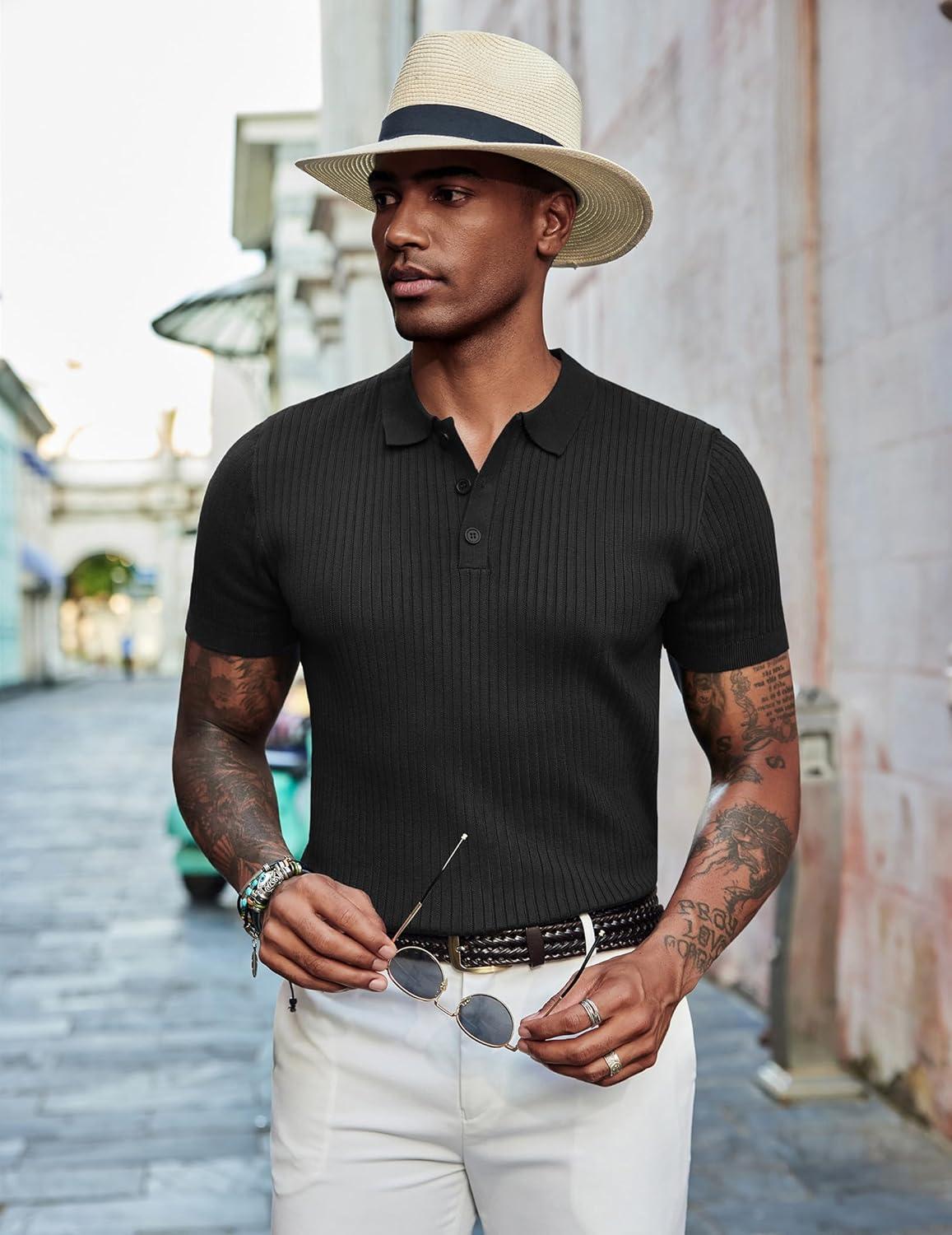 imageCOOFANDY Mens Knit Polo Shirts Short Sleeve Casual Textured Polo T Shirt Summer Ribbed Collared Golf ShirtsBlack
