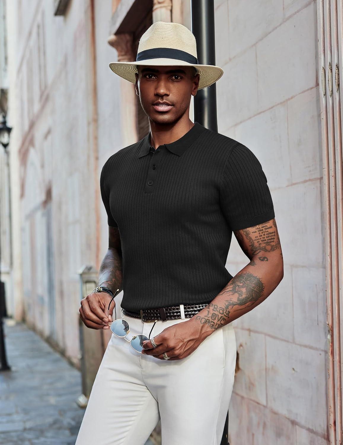 imageCOOFANDY Mens Knit Polo Shirts Short Sleeve Casual Textured Polo T Shirt Summer Ribbed Collared Golf ShirtsBlack