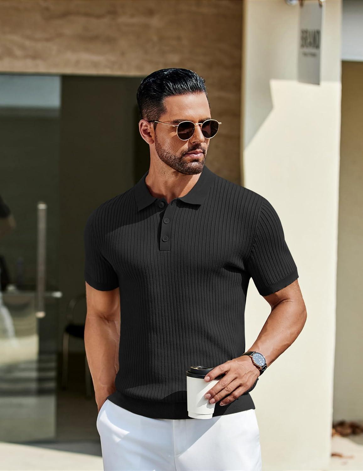 imageCOOFANDY Mens Knit Polo Shirts Short Sleeve Casual Textured Polo T Shirt Summer Ribbed Collared Golf ShirtsBlack
