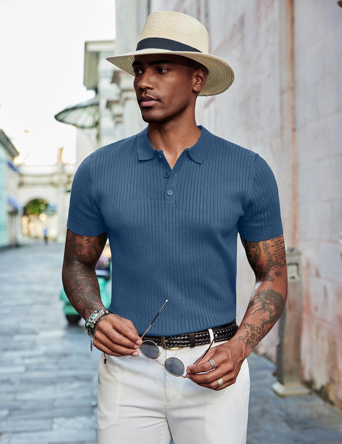 imageCOOFANDY Mens Knit Polo Shirts Short Sleeve Casual Textured Polo T Shirt Summer Ribbed Collared Golf ShirtsDenim Blue