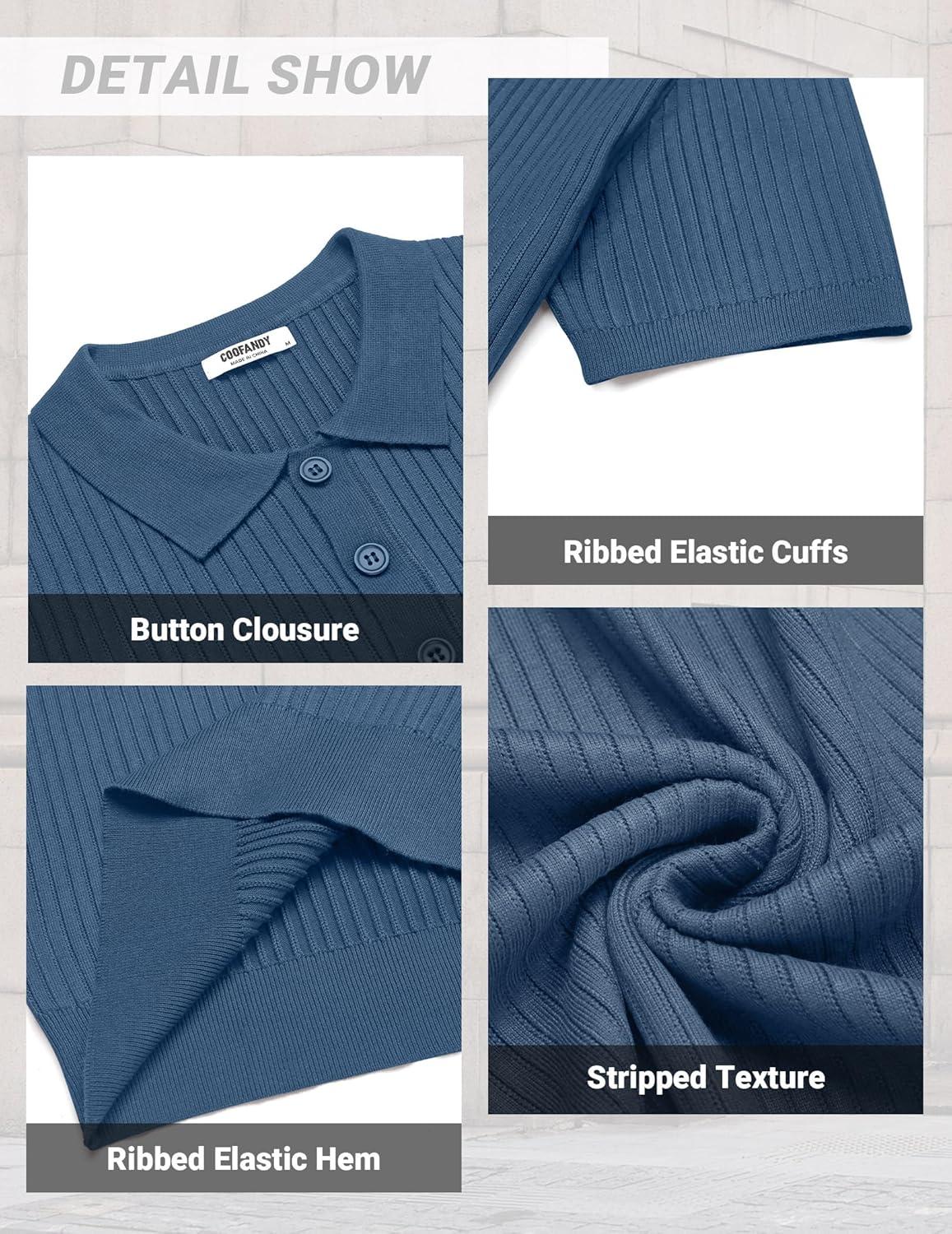 imageCOOFANDY Mens Knit Polo Shirts Short Sleeve Casual Textured Polo T Shirt Summer Ribbed Collared Golf ShirtsDenim Blue