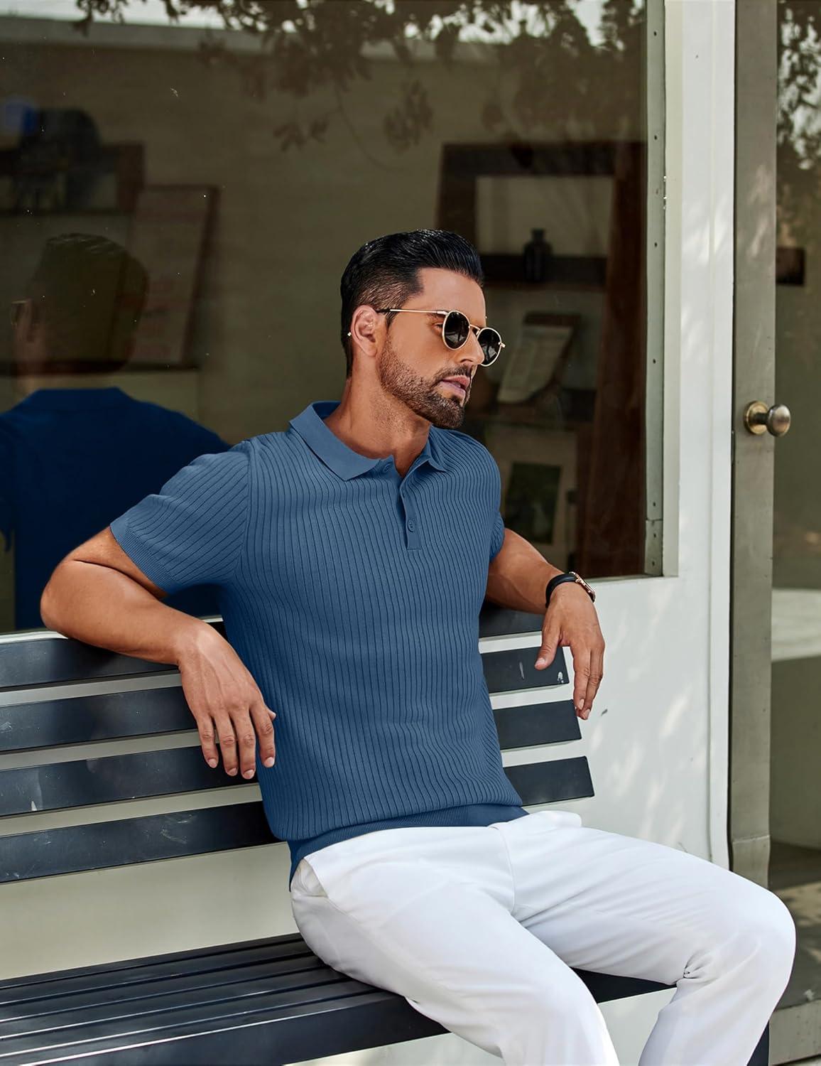 imageCOOFANDY Mens Knit Polo Shirts Short Sleeve Casual Textured Polo T Shirt Summer Ribbed Collared Golf ShirtsDenim Blue