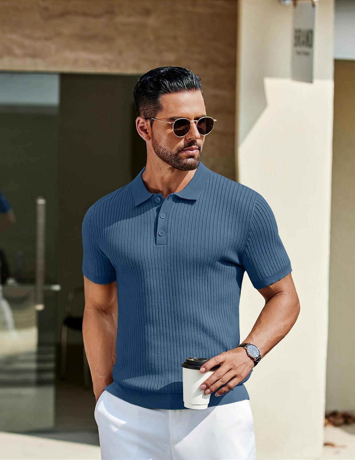 imageCOOFANDY Mens Knit Polo Shirts Short Sleeve Casual Textured Polo T Shirt Summer Ribbed Collared Golf ShirtsDenim Blue