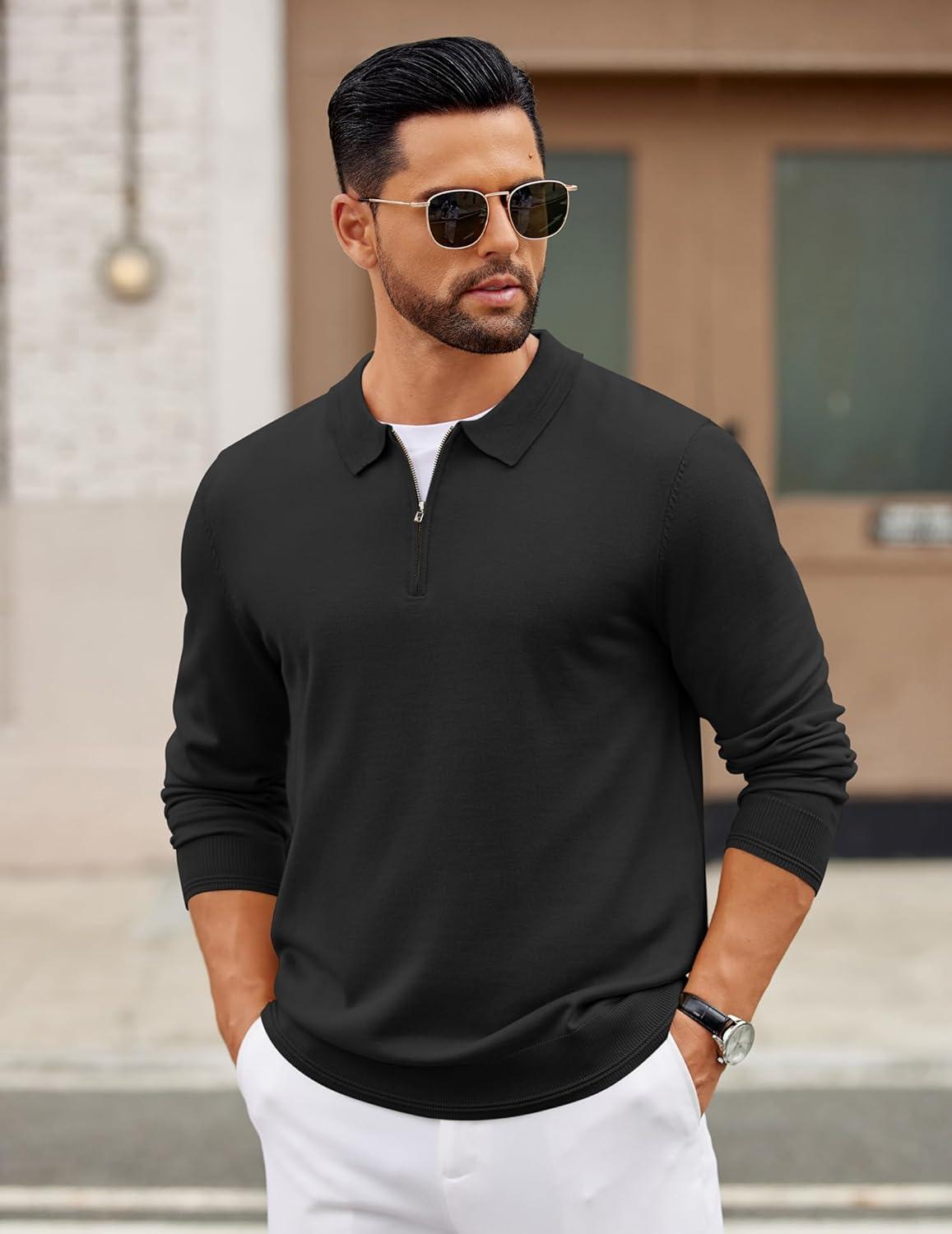 imageCOOFANDY Mens Quarter Zip Polo Sweater Long Sleeve Knit Polo Shirts Casual Lightweight Dress PulloverBlack