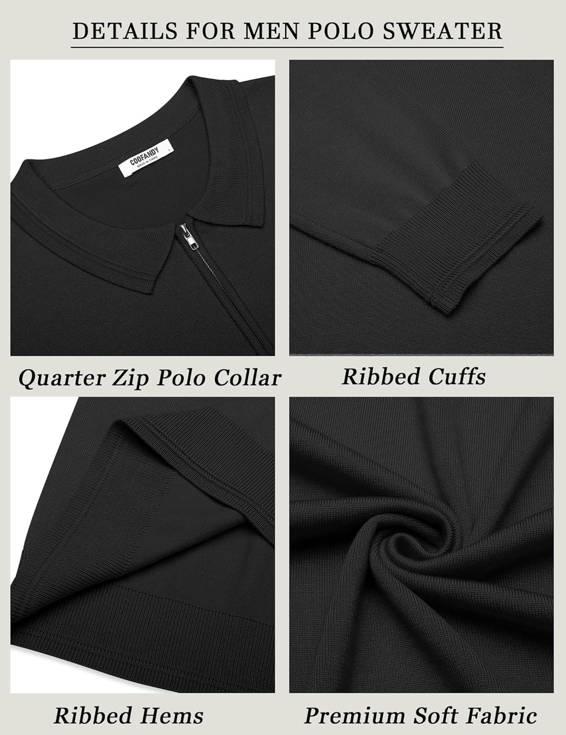 imageCOOFANDY Mens Quarter Zip Polo Sweater Long Sleeve Knit Polo Shirts Casual Lightweight Dress PulloverBlack