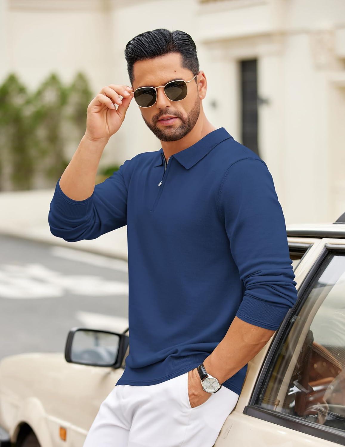 imageCOOFANDY Mens Quarter Zip Polo Sweater Long Sleeve Knit Polo Shirts Casual Lightweight Dress PulloverBlue