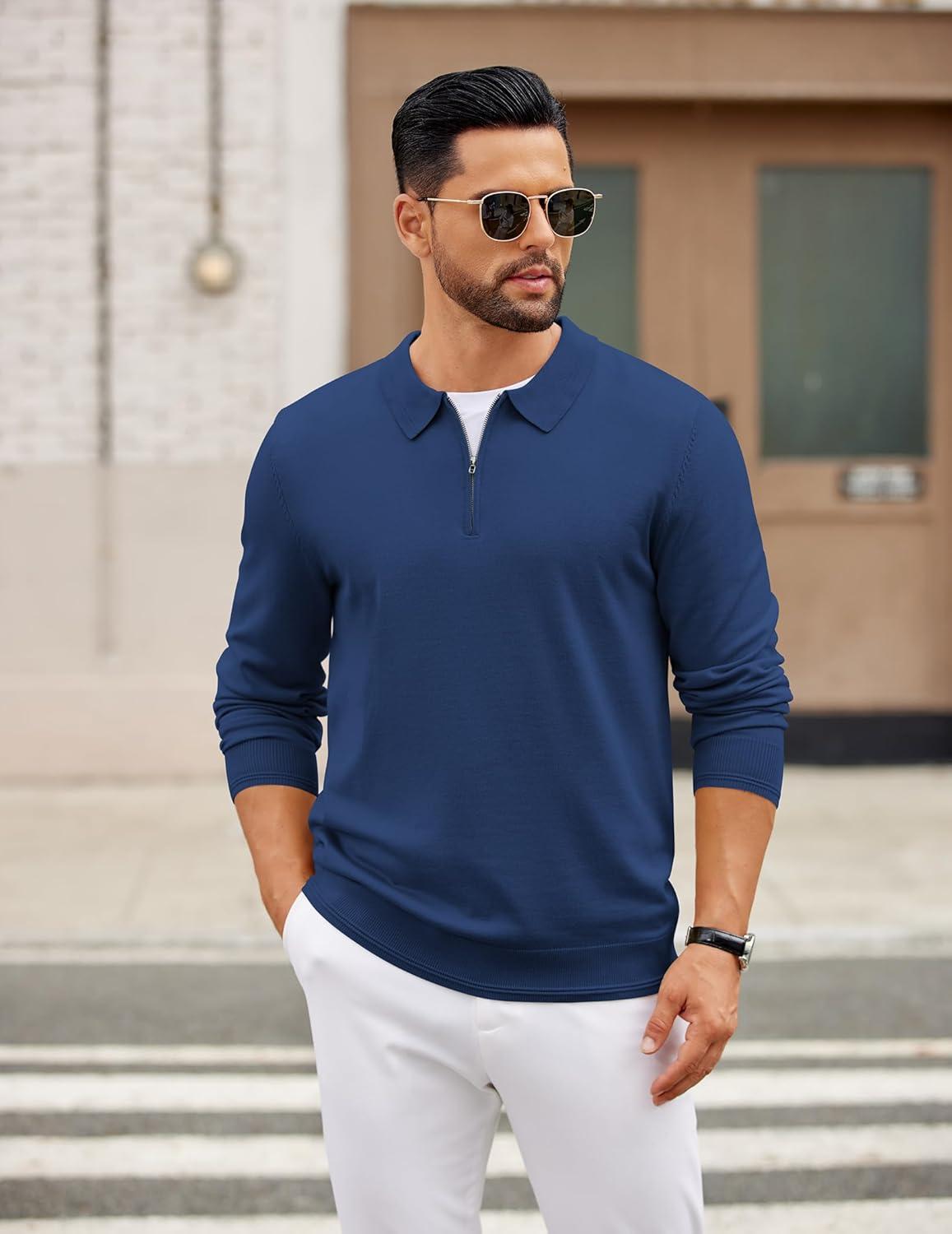 imageCOOFANDY Mens Quarter Zip Polo Sweater Long Sleeve Knit Polo Shirts Casual Lightweight Dress PulloverBlue