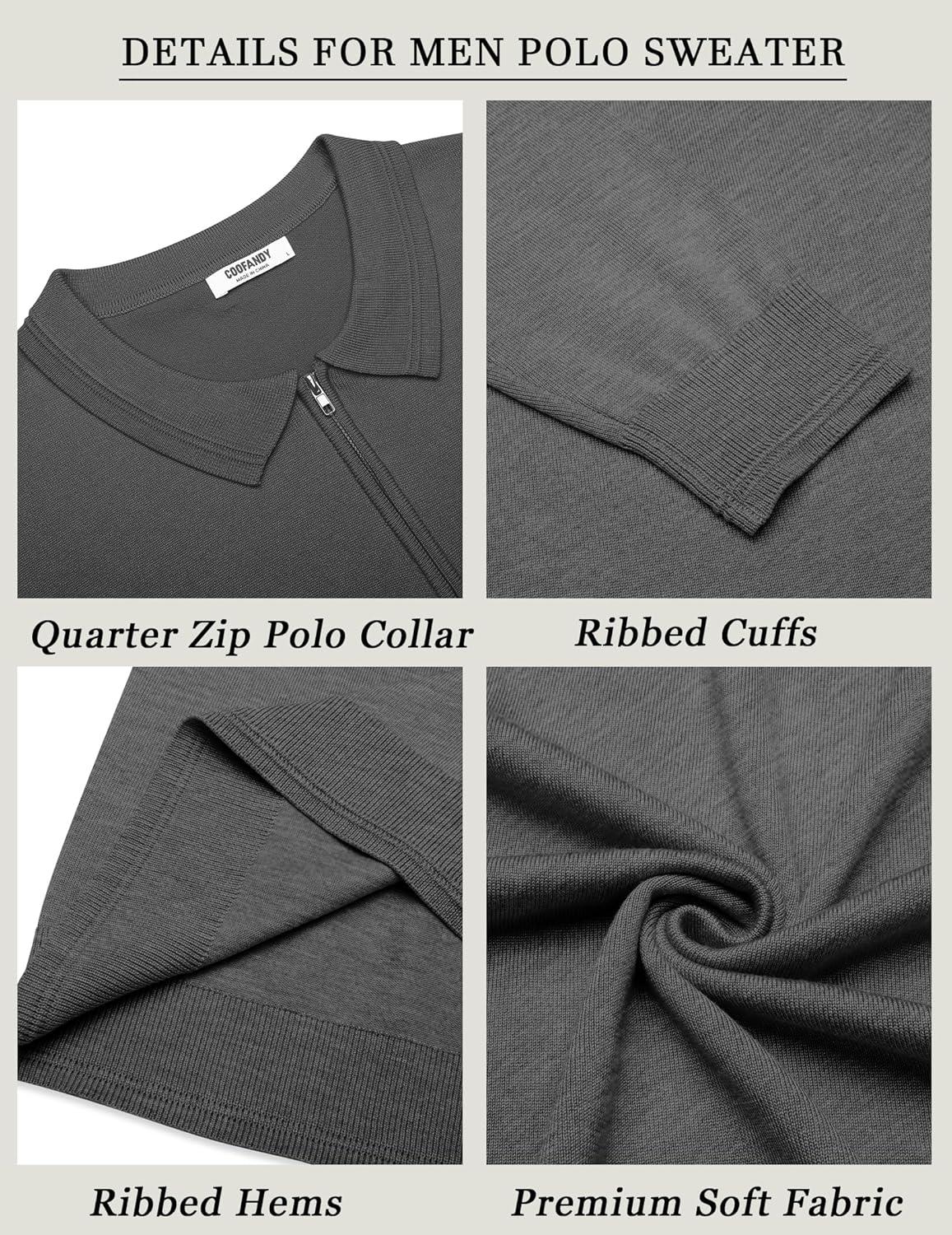 imageCOOFANDY Mens Quarter Zip Polo Sweater Long Sleeve Knit Polo Shirts Casual Lightweight Dress PulloverDark Grey