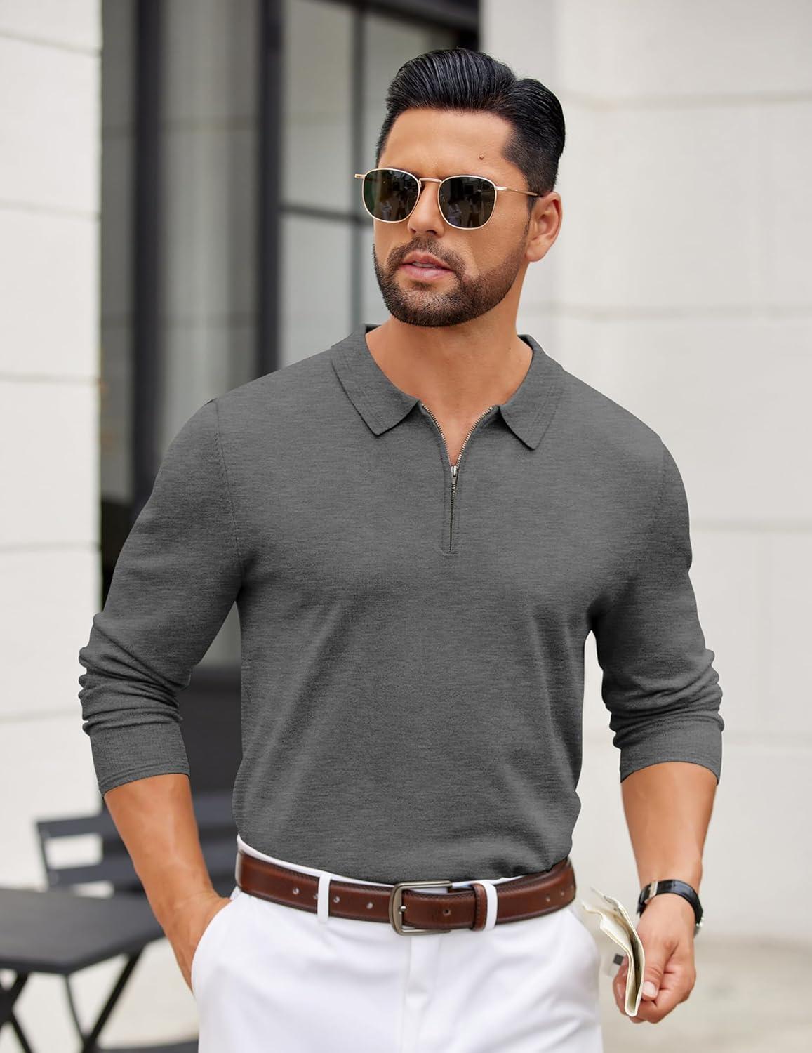 imageCOOFANDY Mens Quarter Zip Polo Sweater Long Sleeve Knit Polo Shirts Casual Lightweight Dress PulloverDark Grey