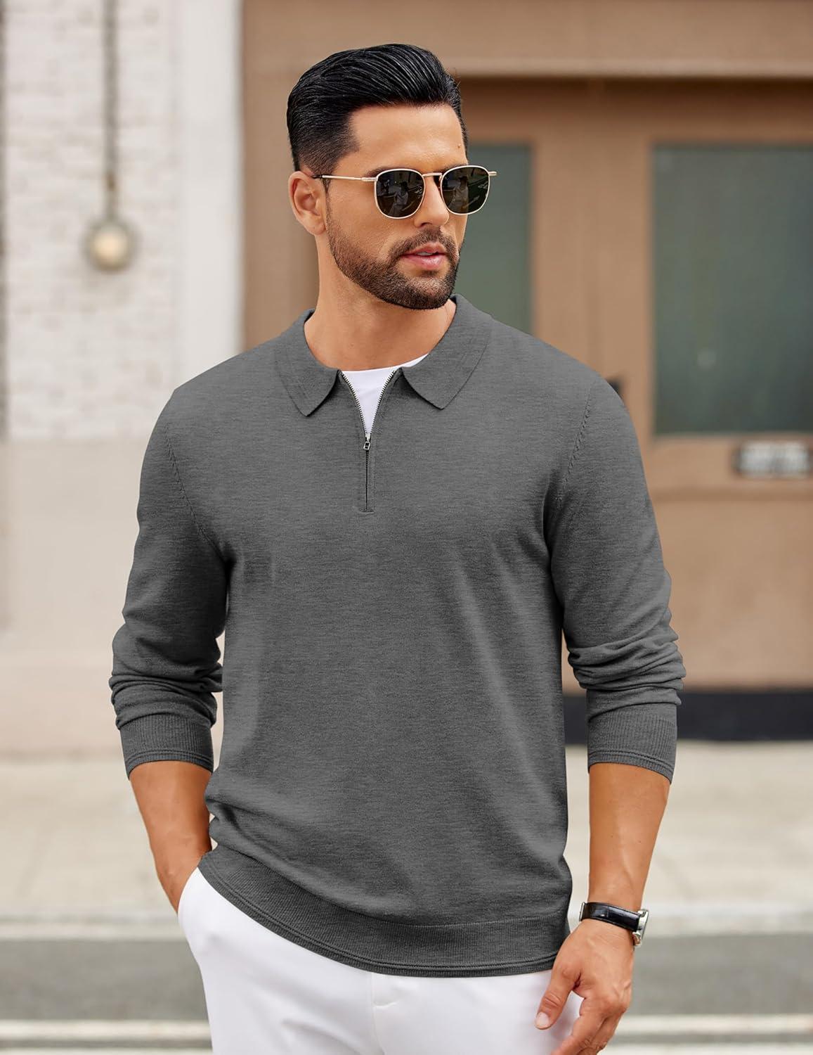 imageCOOFANDY Mens Quarter Zip Polo Sweater Long Sleeve Knit Polo Shirts Casual Lightweight Dress PulloverDark Grey