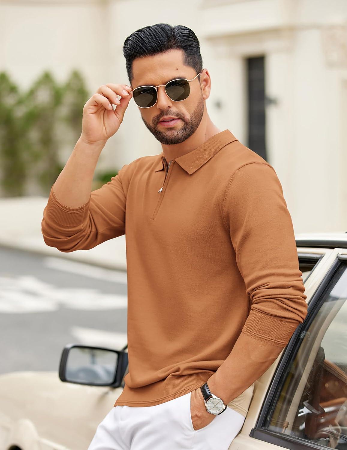imageCOOFANDY Mens Quarter Zip Polo Sweater Long Sleeve Knit Polo Shirts Casual Lightweight Dress PulloverLight Brown