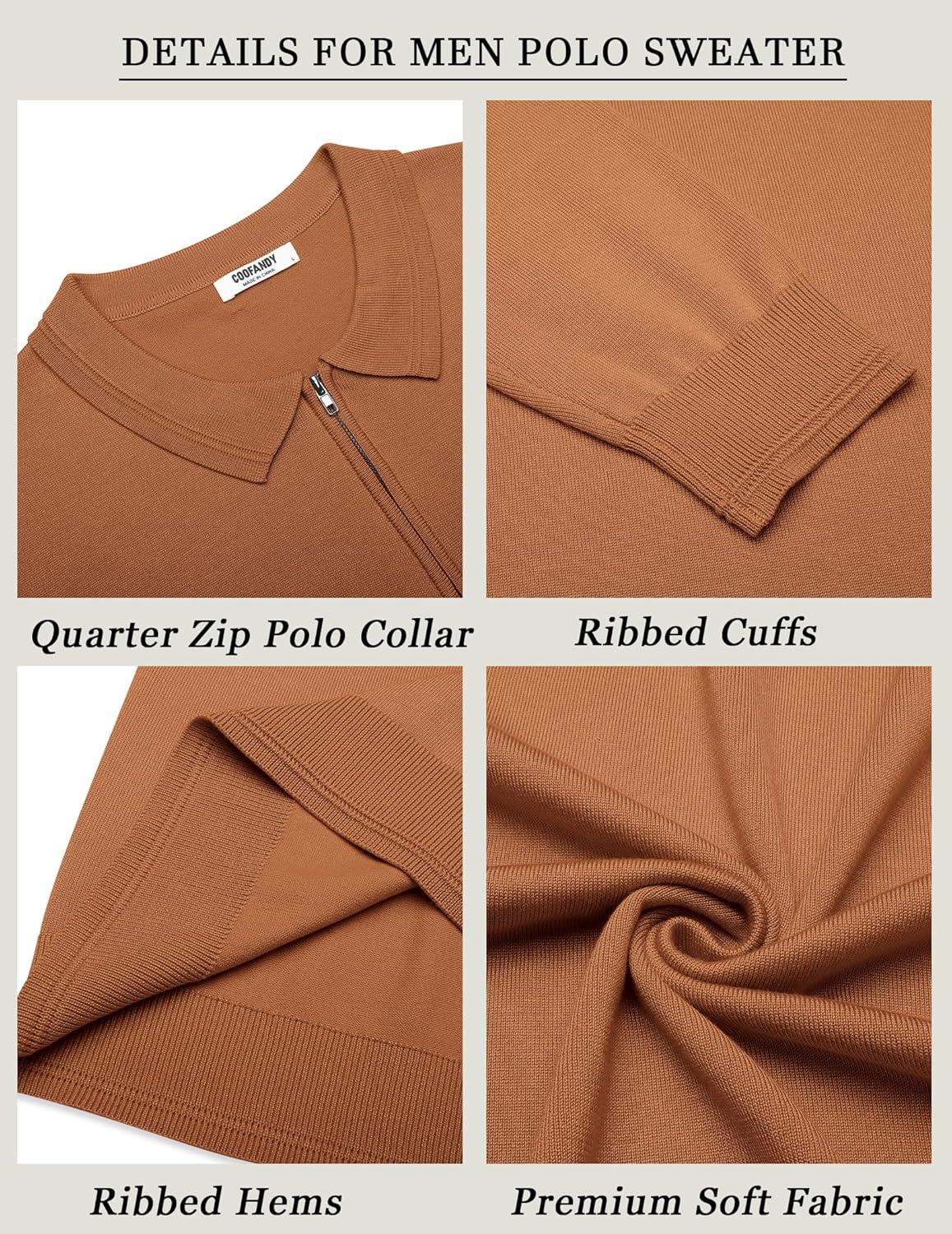 imageCOOFANDY Mens Quarter Zip Polo Sweater Long Sleeve Knit Polo Shirts Casual Lightweight Dress PulloverLight Brown