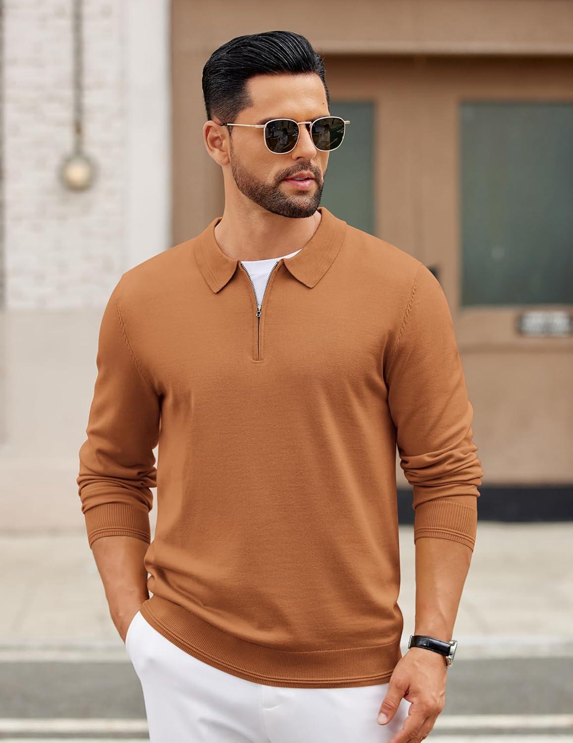 imageCOOFANDY Mens Quarter Zip Polo Sweater Long Sleeve Knit Polo Shirts Casual Lightweight Dress PulloverLight Brown