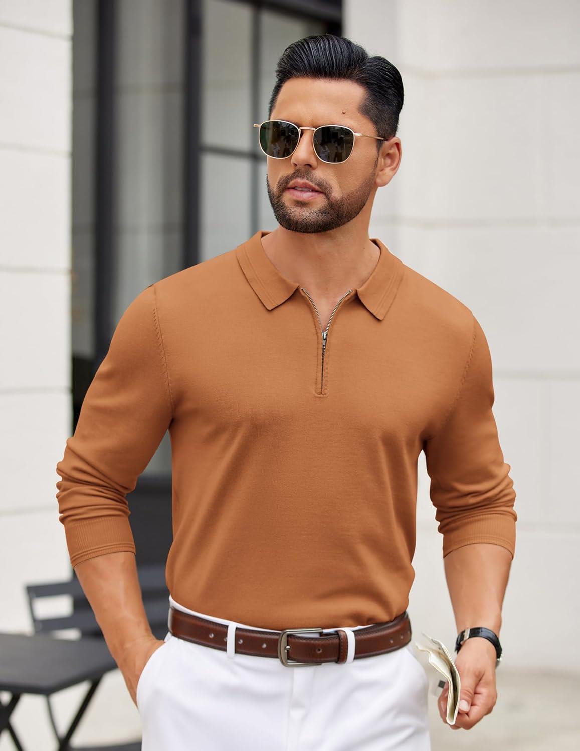 imageCOOFANDY Mens Quarter Zip Polo Sweater Long Sleeve Knit Polo Shirts Casual Lightweight Dress PulloverLight Brown