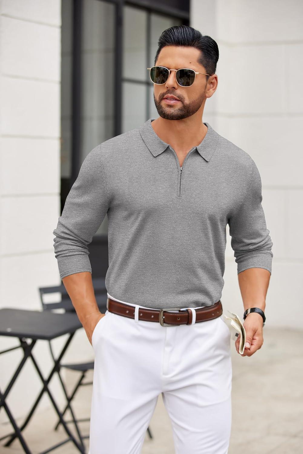 imageCOOFANDY Mens Quarter Zip Polo Sweater Long Sleeve Knit Polo Shirts Casual Lightweight Dress PulloverLight Gray