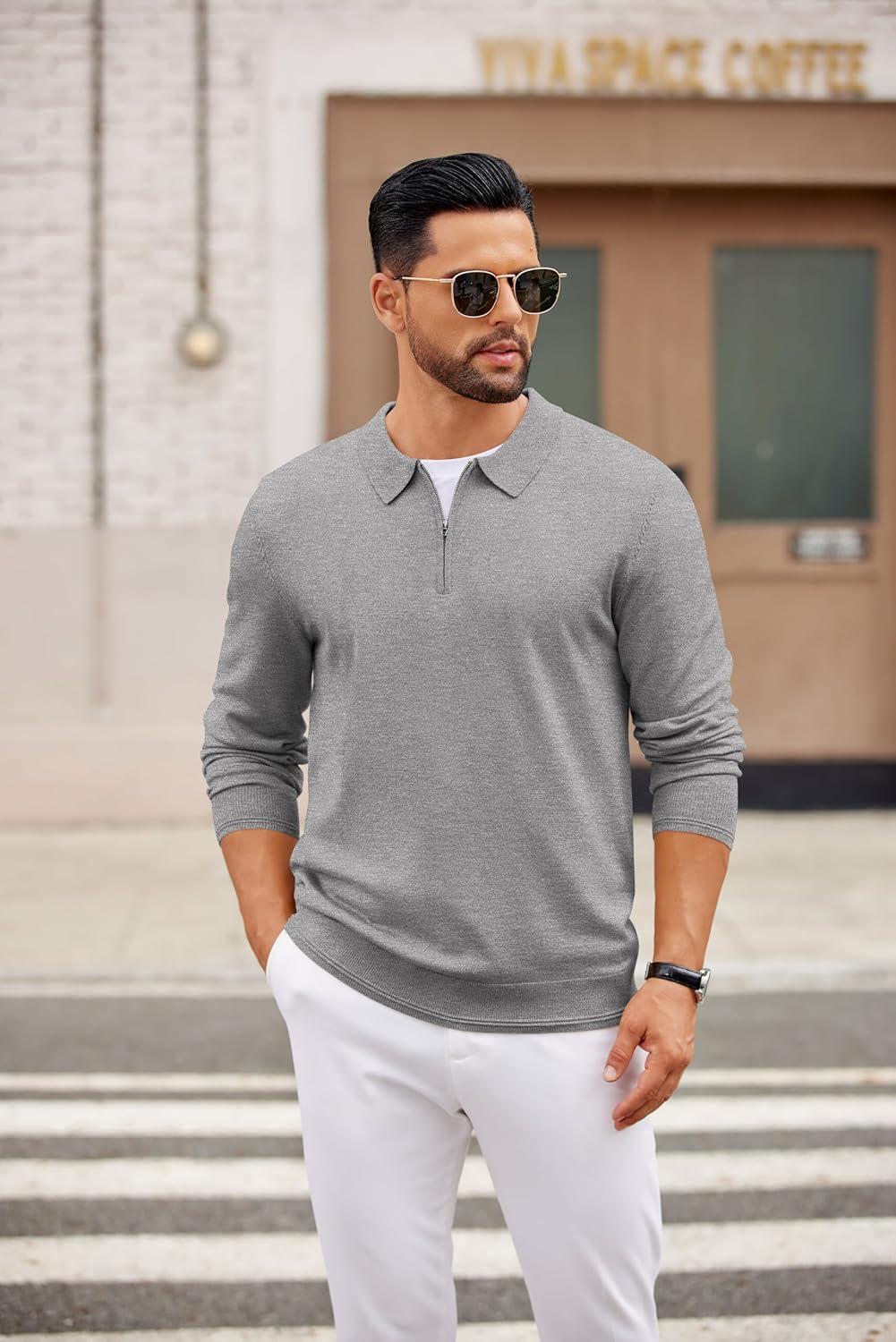 imageCOOFANDY Mens Quarter Zip Polo Sweater Long Sleeve Knit Polo Shirts Casual Lightweight Dress PulloverLight Gray