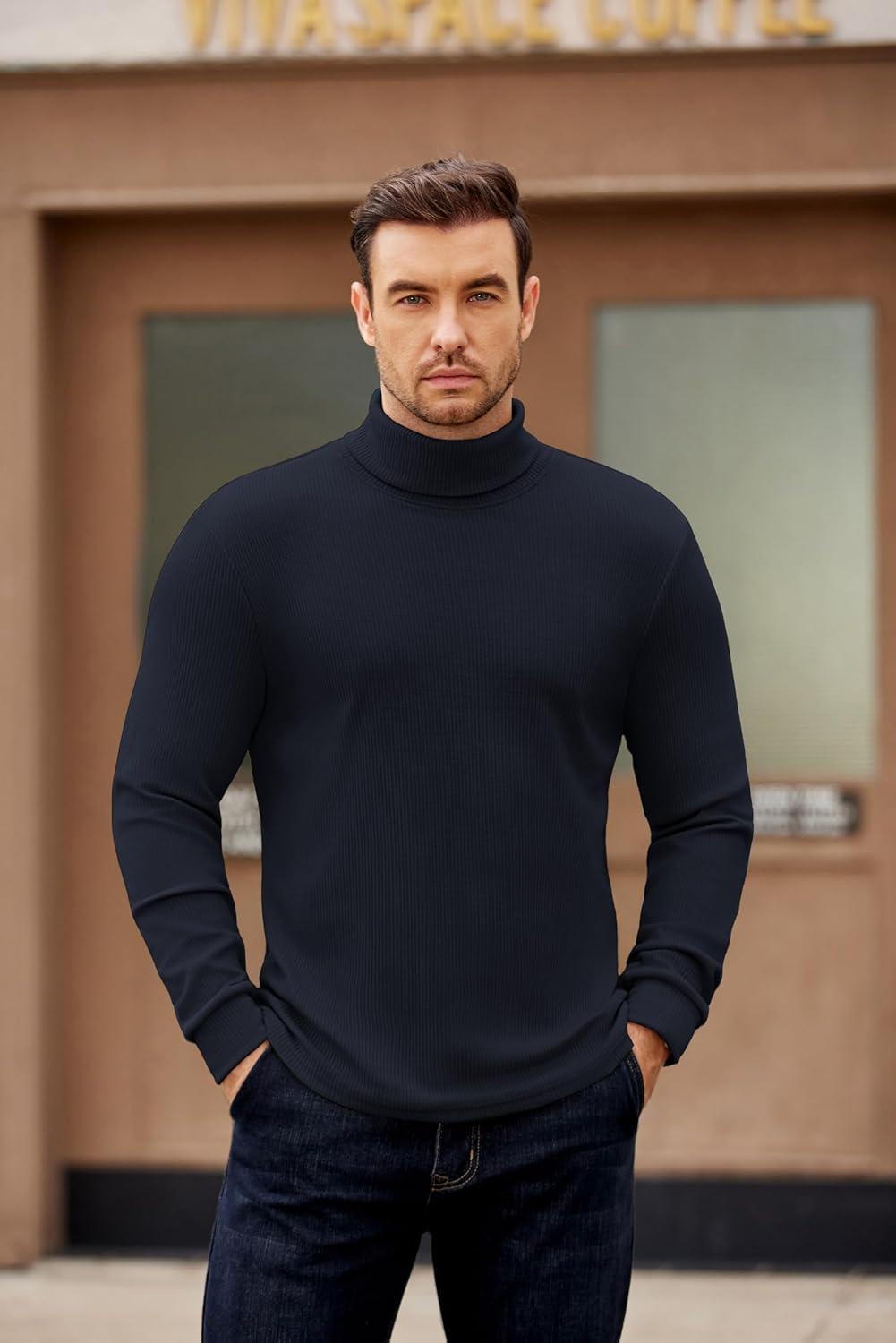 imageCOOFANDY Mens Turtleneck Sweater Long Sleeve Casual Ribbed Knitted High Neck Pullover SweatersBlue Purple