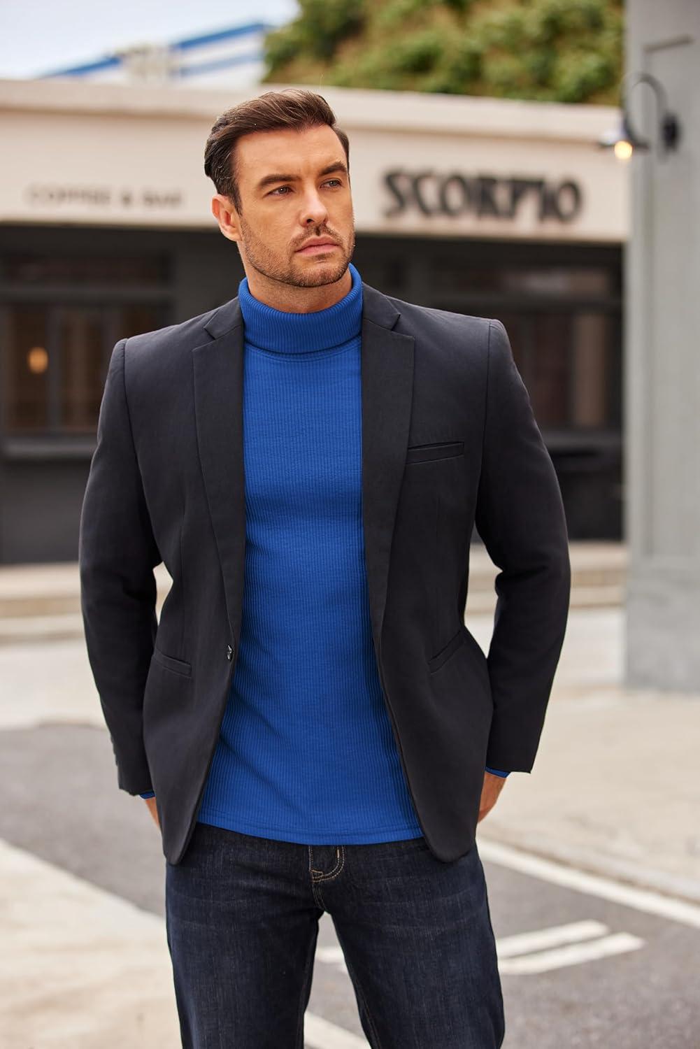 imageCOOFANDY Mens Turtleneck Sweater Long Sleeve Casual Ribbed Knitted High Neck Pullover SweatersLake Blue