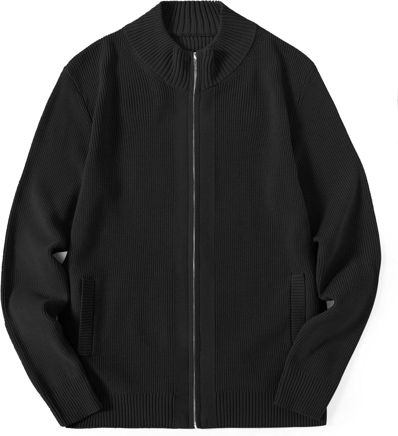 imageCOOFANDY Mens Zip Up Cardigan Sweater Slim Fit Casual Full Zip Sweaters Knit Stand Collar Cardigans with 2 Front PocketsBlack