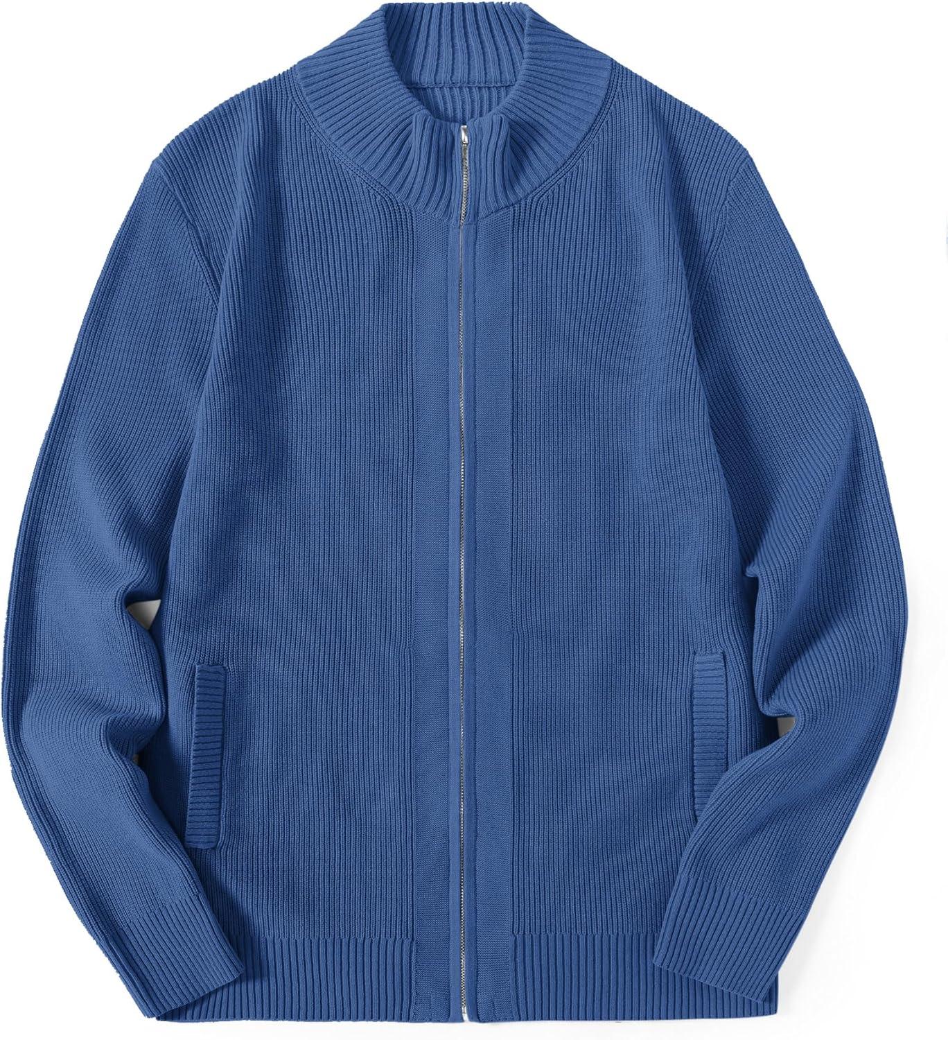 imageCOOFANDY Mens Zip Up Cardigan Sweater Slim Fit Casual Full Zip Sweaters Knit Stand Collar Cardigans with 2 Front PocketsBlue