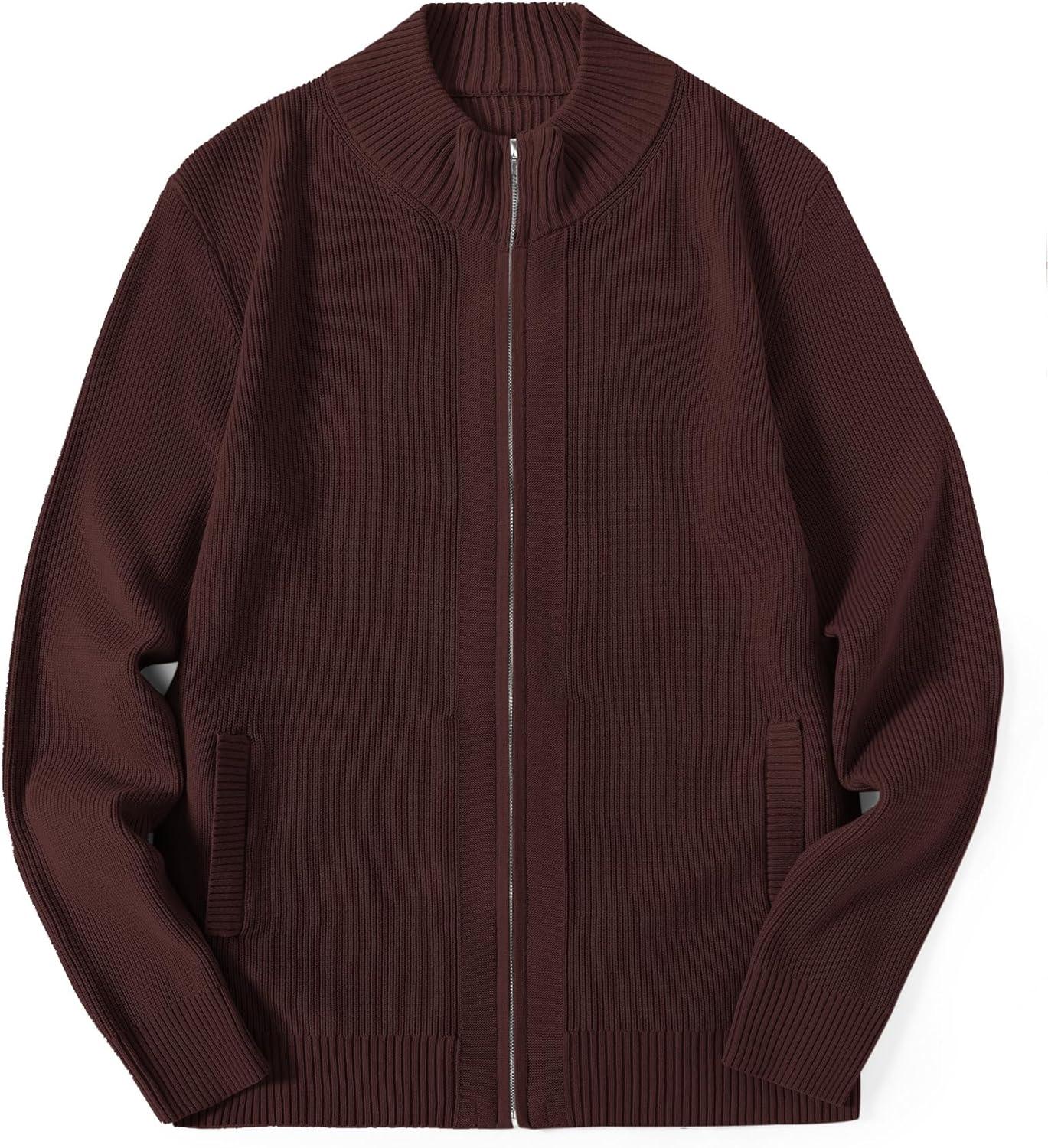 imageCOOFANDY Mens Zip Up Cardigan Sweater Slim Fit Casual Full Zip Sweaters Knit Stand Collar Cardigans with 2 Front PocketsBrown