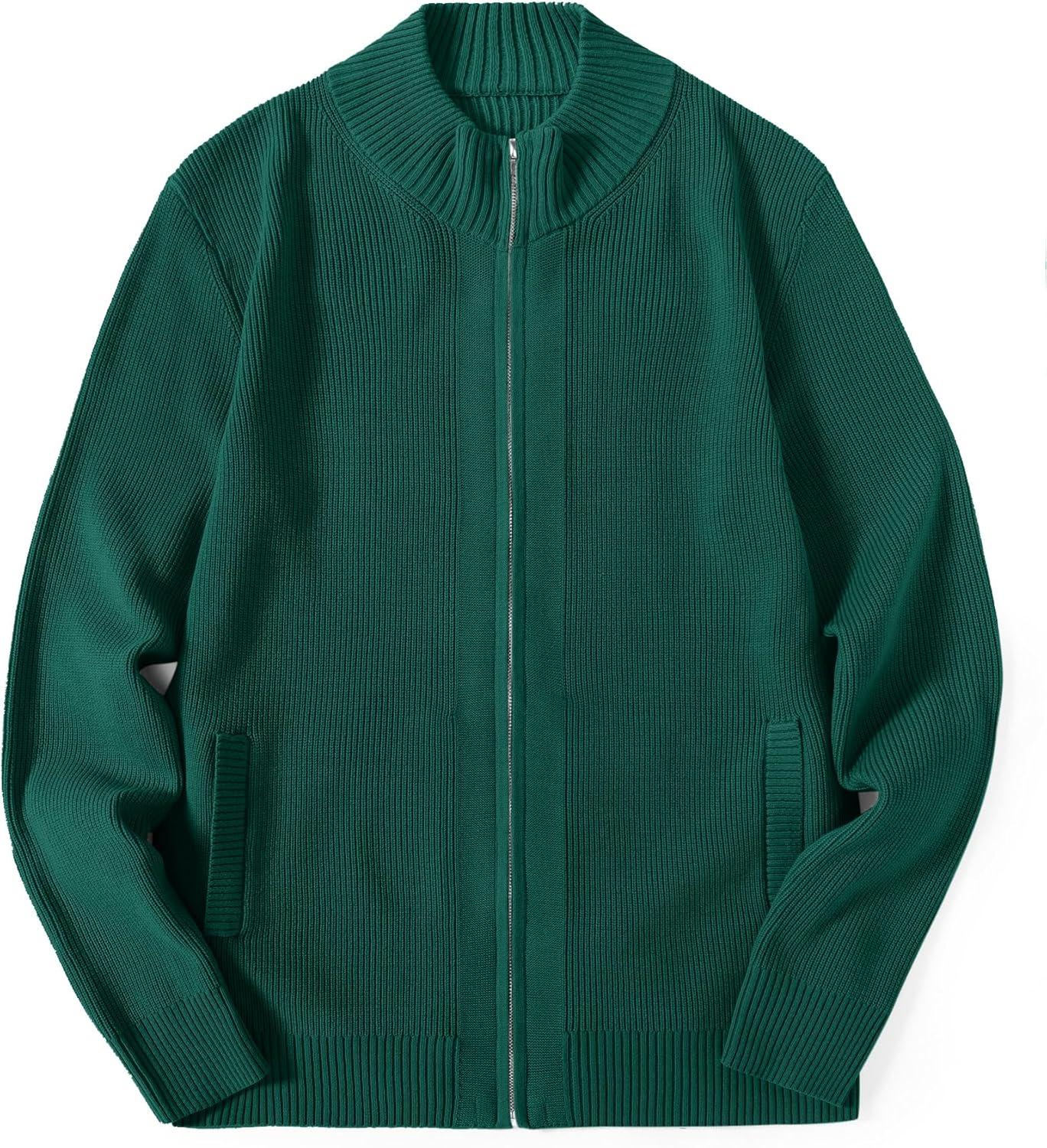 imageCOOFANDY Mens Zip Up Cardigan Sweater Slim Fit Casual Full Zip Sweaters Knit Stand Collar Cardigans with 2 Front PocketsGreen