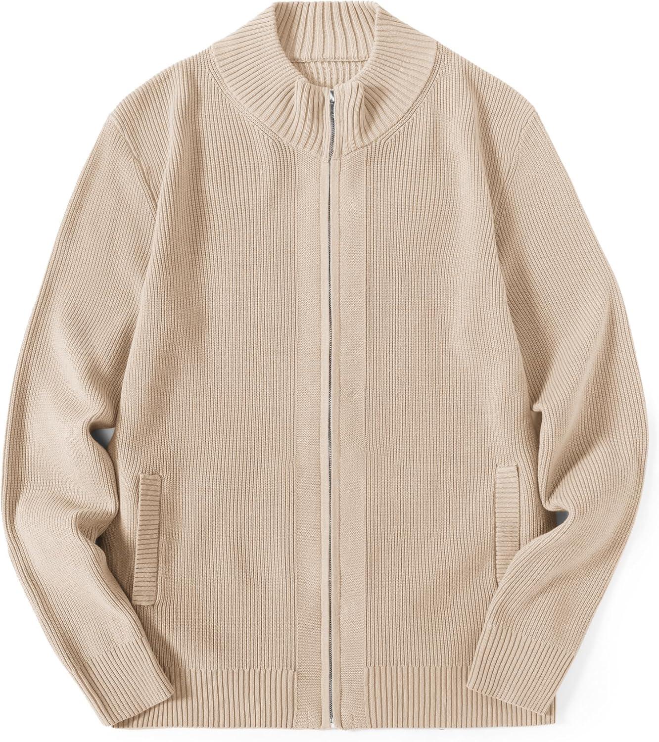 imageCOOFANDY Mens Zip Up Cardigan Sweater Slim Fit Casual Full Zip Sweaters Knit Stand Collar Cardigans with 2 Front PocketsKhaki