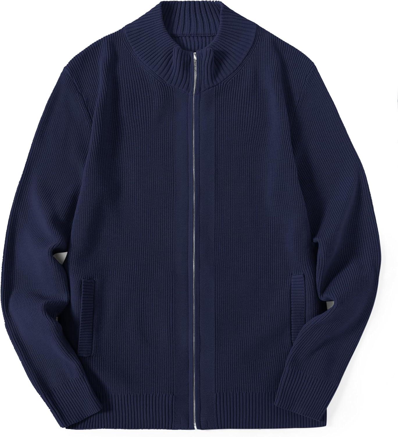 imageCOOFANDY Mens Zip Up Cardigan Sweater Slim Fit Casual Full Zip Sweaters Knit Stand Collar Cardigans with 2 Front PocketsNavy Blue