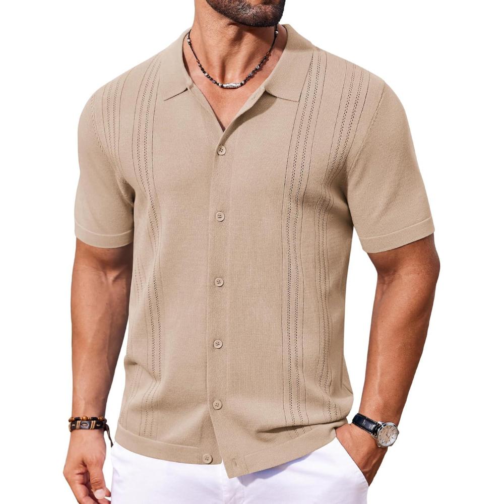 imageCOOFANDY Men Casual Button Down Shirts Short Sleeve Summer Beach Shirt Fashion Camp TopsKhaki