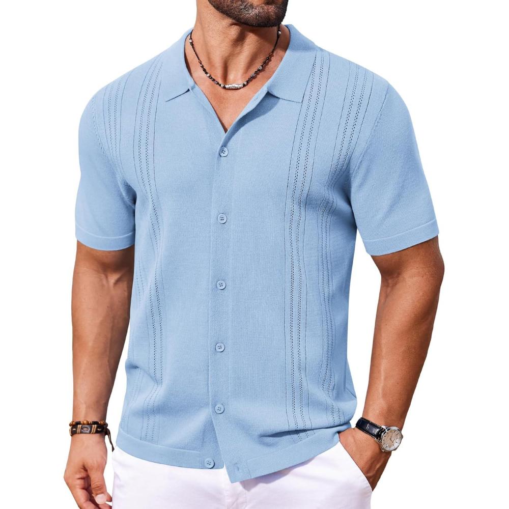 imageCOOFANDY Men Casual Button Down Shirts Short Sleeve Summer Beach Shirt Fashion Camp TopsLight Blue