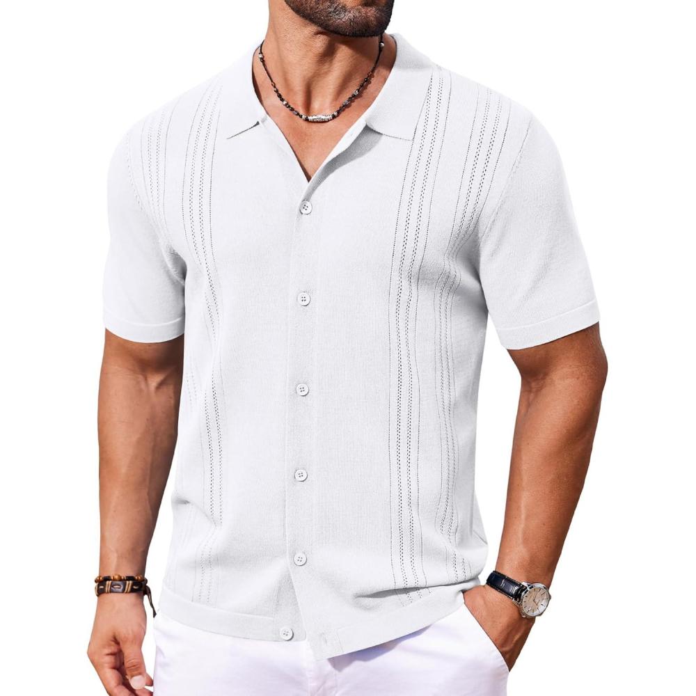 imageCOOFANDY Men Casual Button Down Shirts Short Sleeve Summer Beach Shirt Fashion Camp TopsWhite