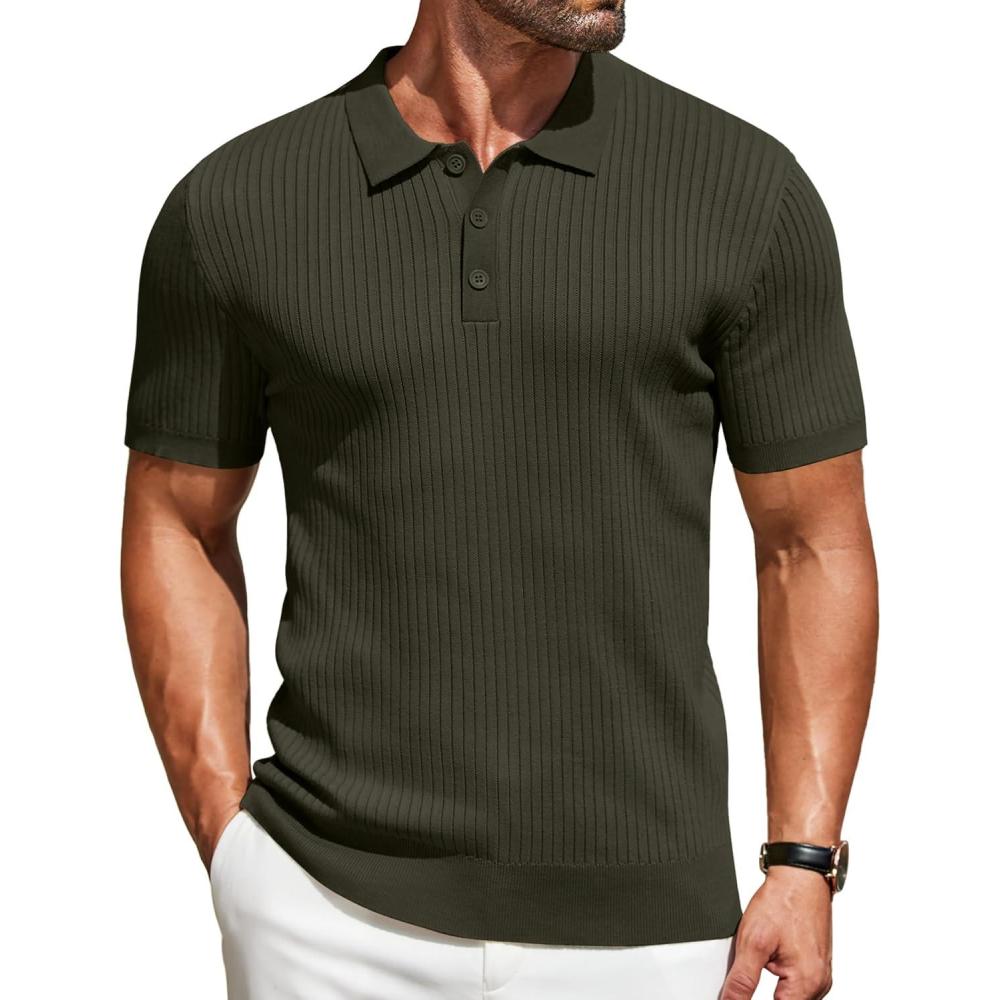imageCOOFANDY Mens Knit Polo Shirts Short Sleeve Casual Textured Polo T Shirt Summer Ribbed Collared Golf ShirtsArmy Green
