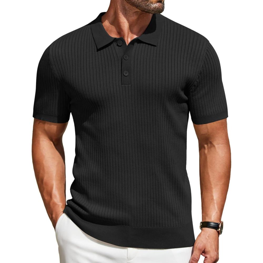 imageCOOFANDY Mens Knit Polo Shirts Short Sleeve Casual Textured Polo T Shirt Summer Ribbed Collared Golf ShirtsBlack