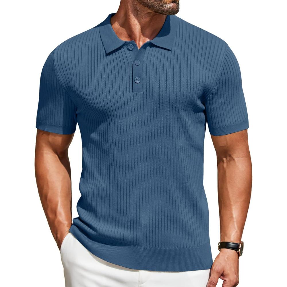 imageCOOFANDY Mens Knit Polo Shirts Short Sleeve Casual Textured Polo T Shirt Summer Ribbed Collared Golf ShirtsDenim Blue
