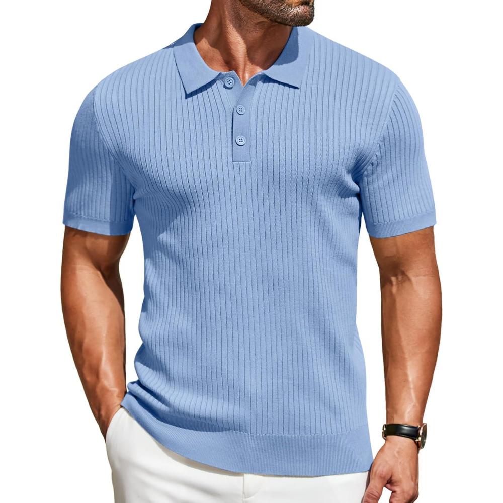 imageCOOFANDY Mens Knit Polo Shirts Short Sleeve Casual Textured Polo T Shirt Summer Ribbed Collared Golf ShirtsLight Blue