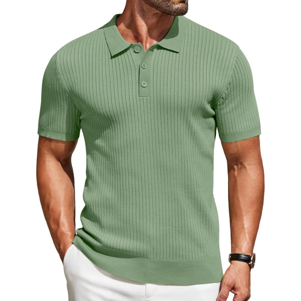 imageCOOFANDY Mens Knit Polo Shirts Short Sleeve Casual Textured Polo T Shirt Summer Ribbed Collared Golf ShirtsLight Green