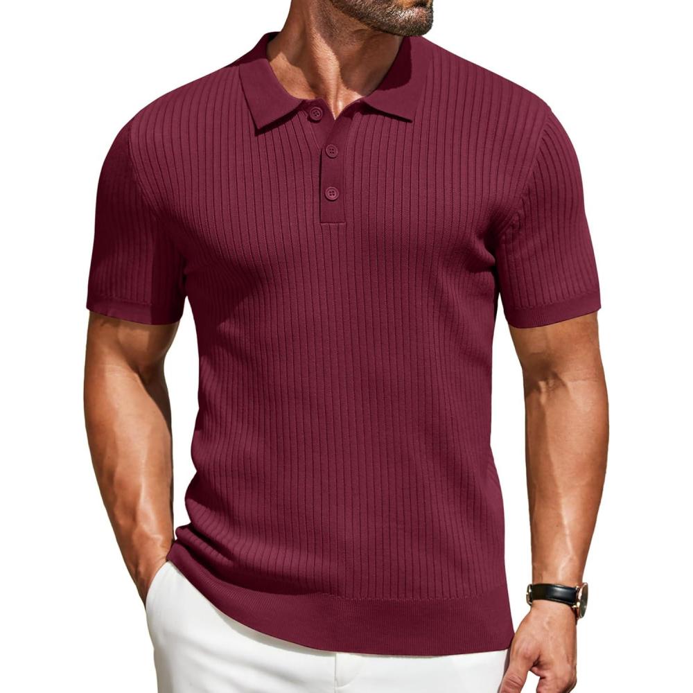 imageCOOFANDY Mens Knit Polo Shirts Short Sleeve Casual Textured Polo T Shirt Summer Ribbed Collared Golf ShirtsWine Red