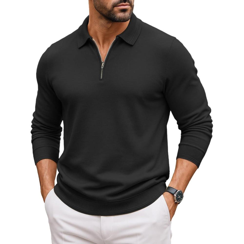 imageCOOFANDY Mens Quarter Zip Polo Sweater Long Sleeve Knit Polo Shirts Casual Lightweight Dress PulloverBlack