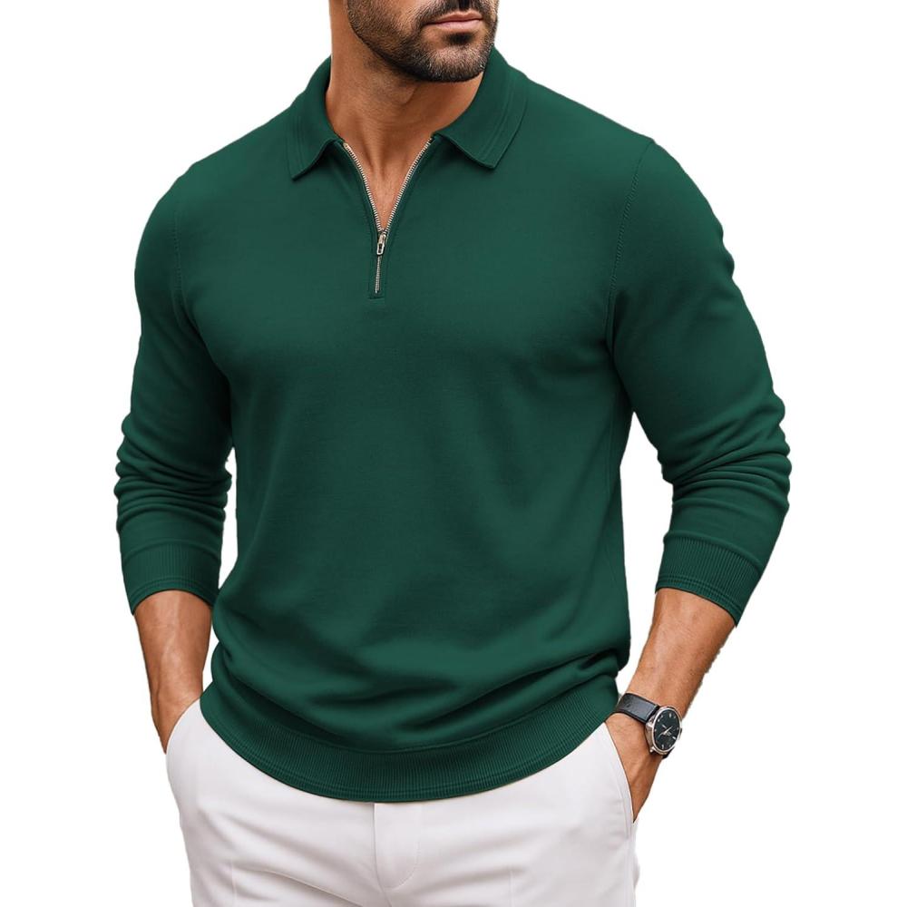 imageCOOFANDY Mens Quarter Zip Polo Sweater Long Sleeve Knit Polo Shirts Casual Lightweight Dress PulloverGreen